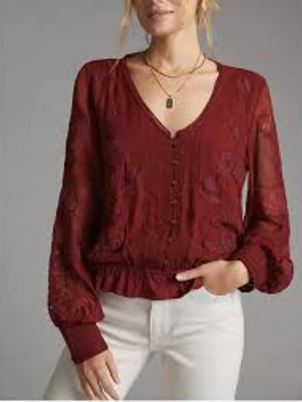 Anthropologie Women's Red Embroidered V-Neck Button Front Top Size S